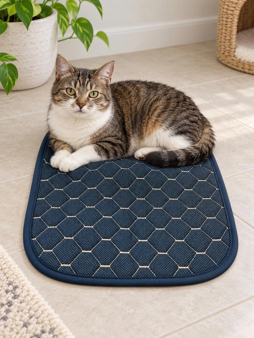 Imagem ilustrativa de um gato sobre o tapete no piso, em um ambiente doméstico