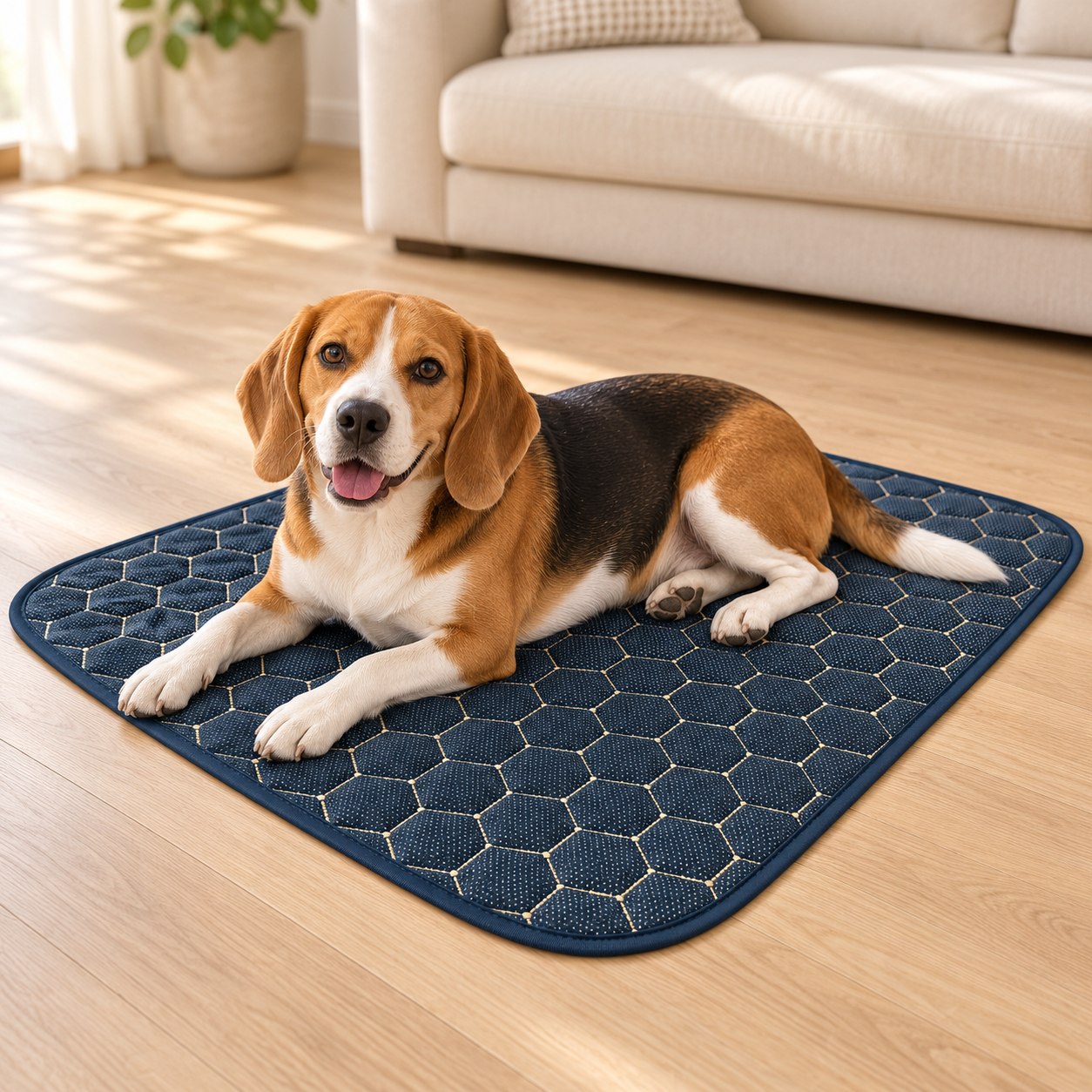 Cena ilustrativa: um cão beagle de porte médio deitado no tapete azul com desenho hexagonal